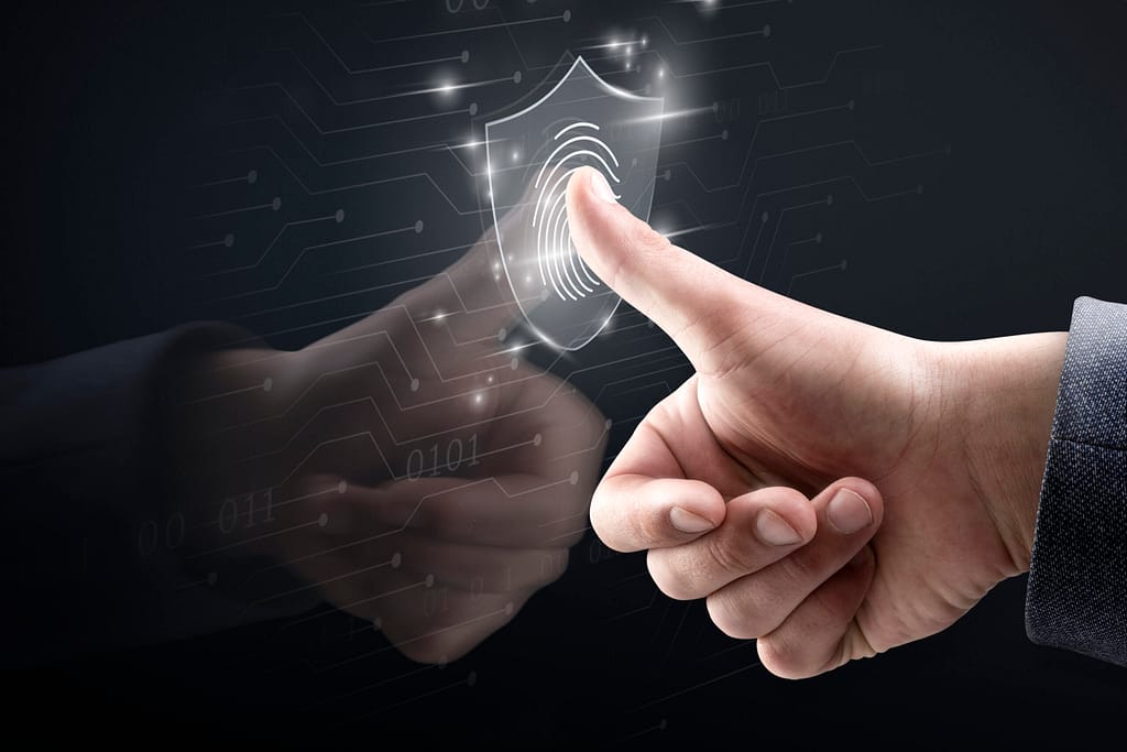 biometric technology background with fingerprint scanning system virtual screen digital remix scaled